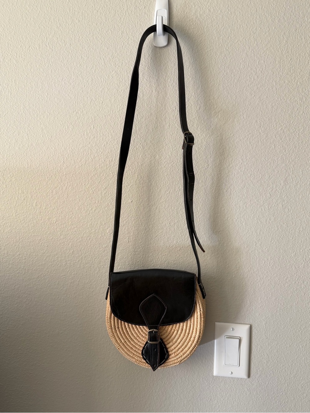 Moroccan Woven Round Crossbody Bag with Black Leather Flap